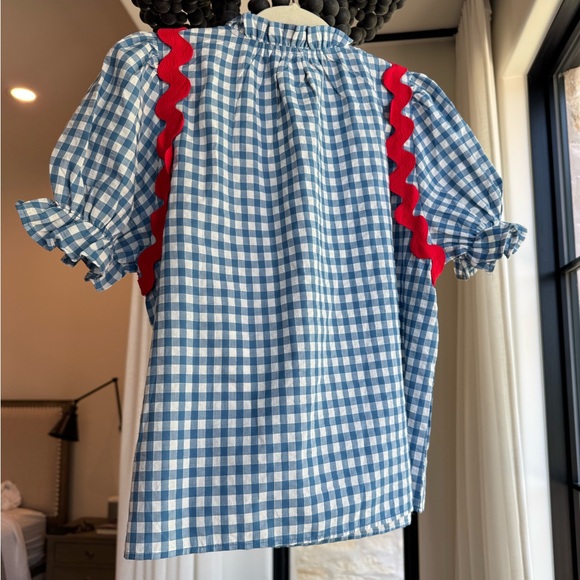 Blue gingham blouse with red rickrack trim - Picture 2 of 3